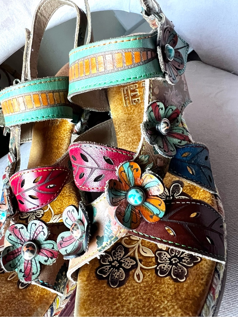 L’artiste Floral Leather Block Heel Sandals Size 41 - Boho Chic Platform - Picture 10 of 11